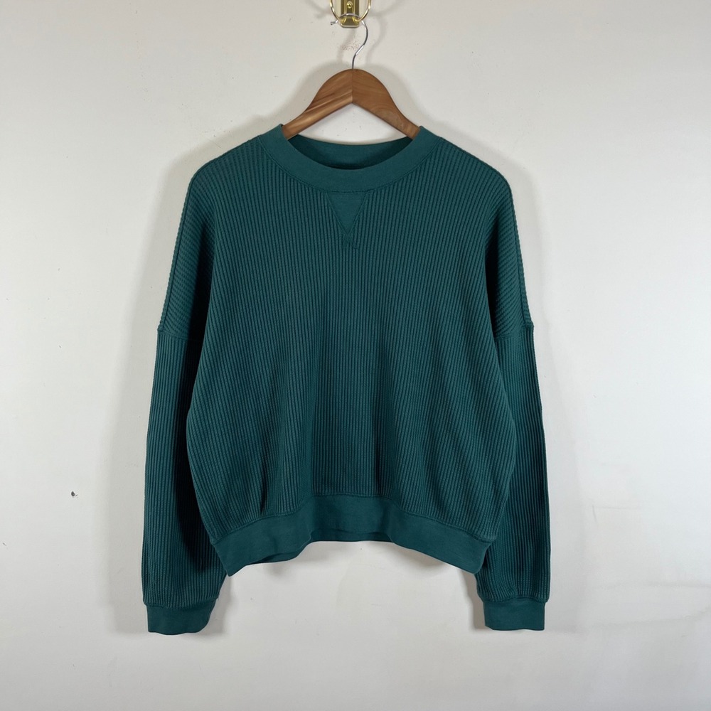 Gap Waffle Knit Crewneck Sweatshirt Emerald Green Boxy Fit Womens Medium